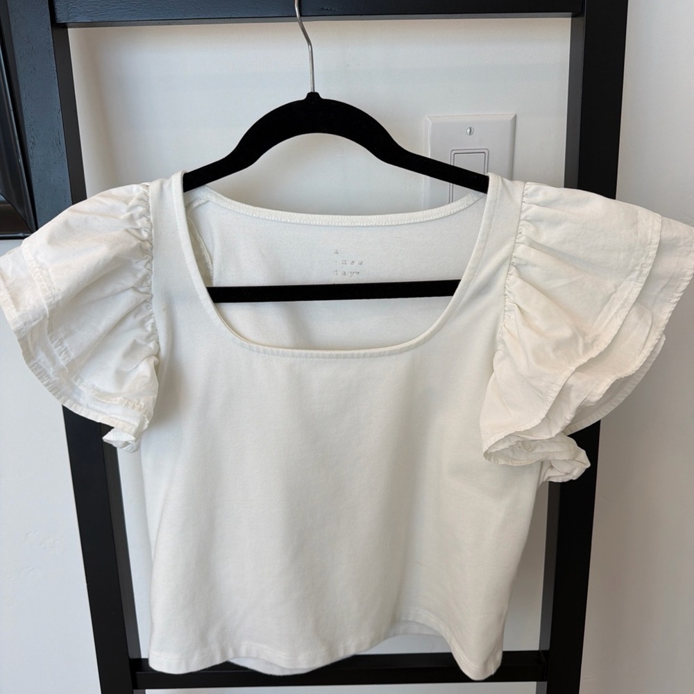 a new day White Ruffle Sleeve Cropped Scoop Neck Top